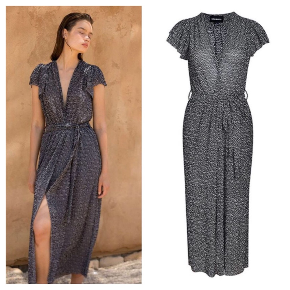 Sabina Musayev Harmony Black & White Speckled Faux Wrap MIDI Dress